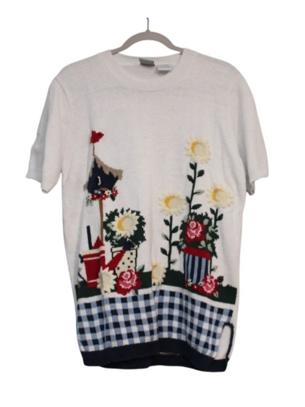 Vintage Knit Sweater Medium Embroidered Floral Grandma Cottagecore Ramie Gingham